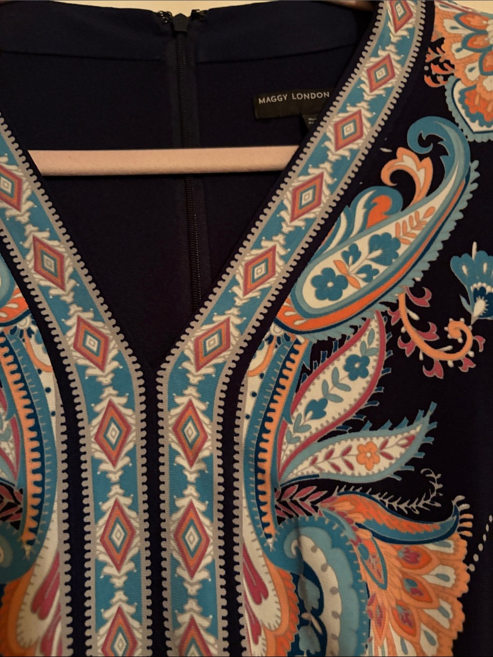 Maggy London Navy Paisley V-Neck Dress with Teal and Coral Accents